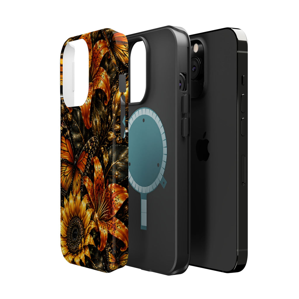 Floral Monarch Phone Case — Orange Sunflower & Butterfly Magnetic Impact-Resistant Case