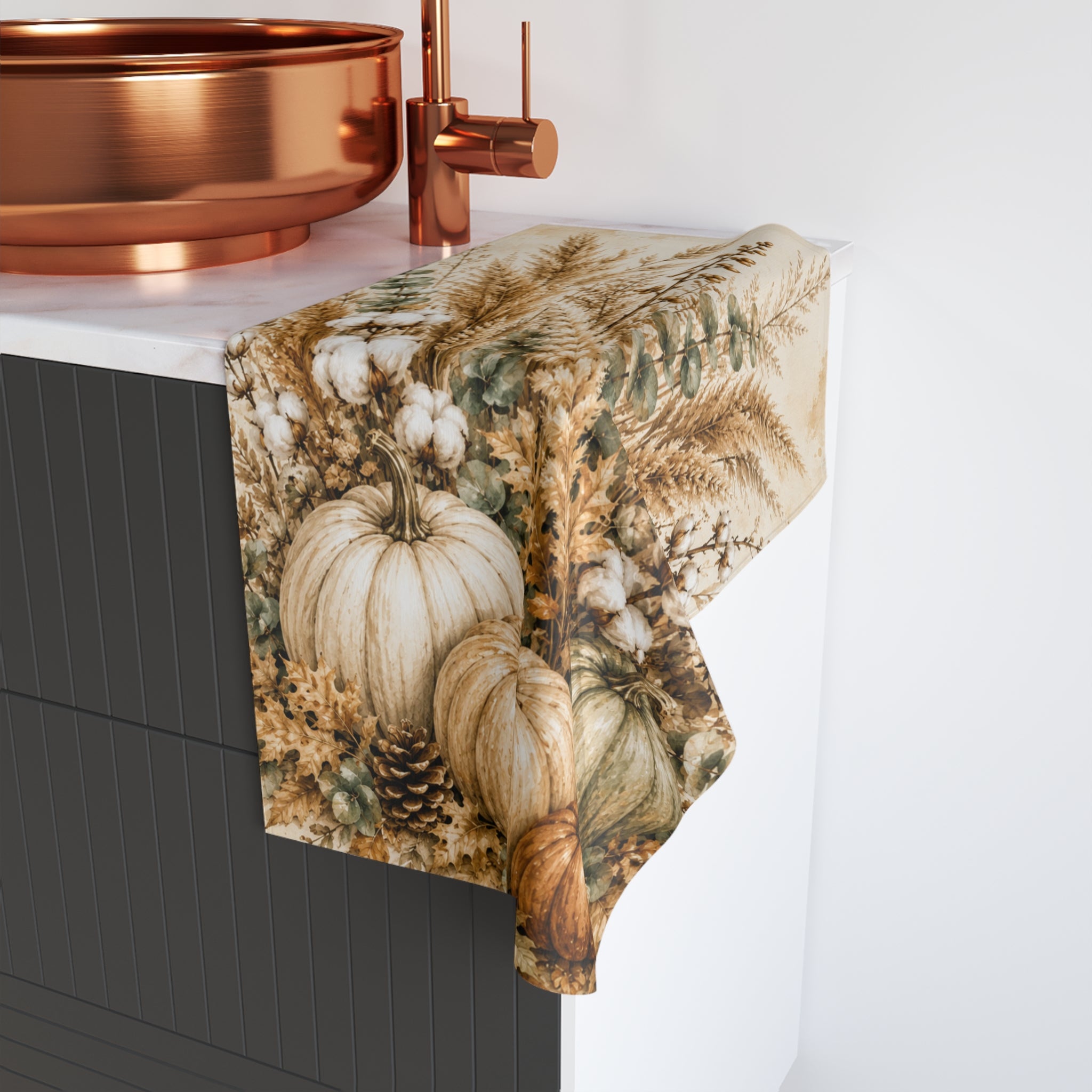 Autumn Harvest Hand Towel | Pampas Grass & Pumpkin Botanical Fall Bathroom Decor