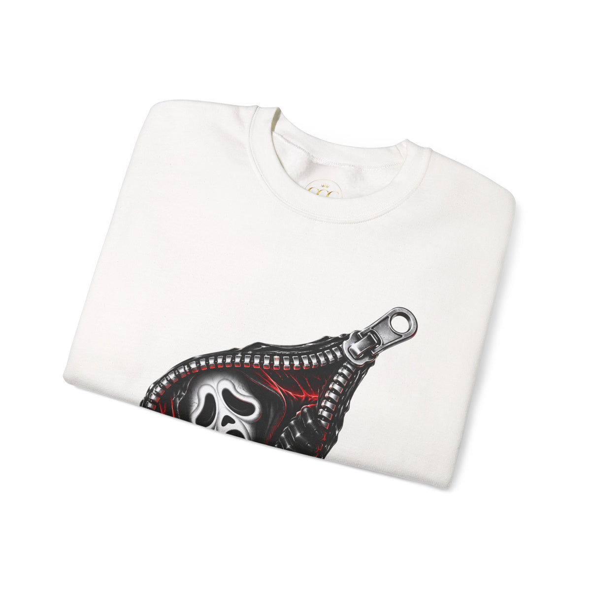 Zip-Open Horror Mask Sweatshirt — Scream-Inspired Graphic Crewneck
