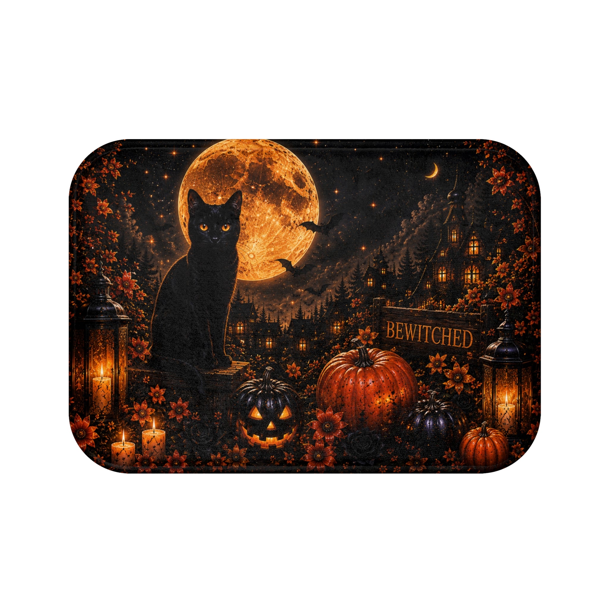 Midnight Halloween Bath Mat | Black Cat Full Moon Gothic Bathroom Decor