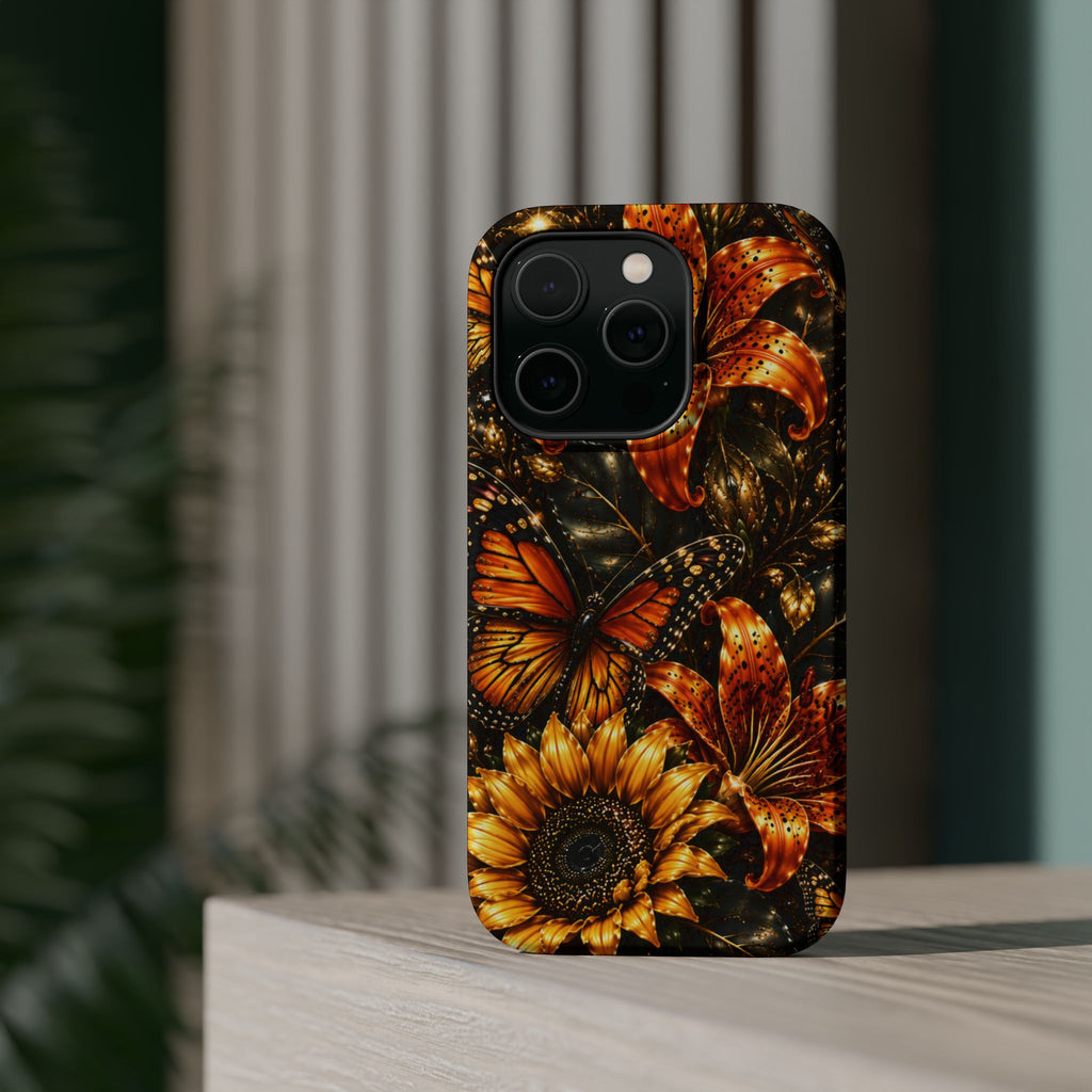 Floral Monarch Phone Case — Orange Sunflower & Butterfly Magnetic Impact-Resistant Case