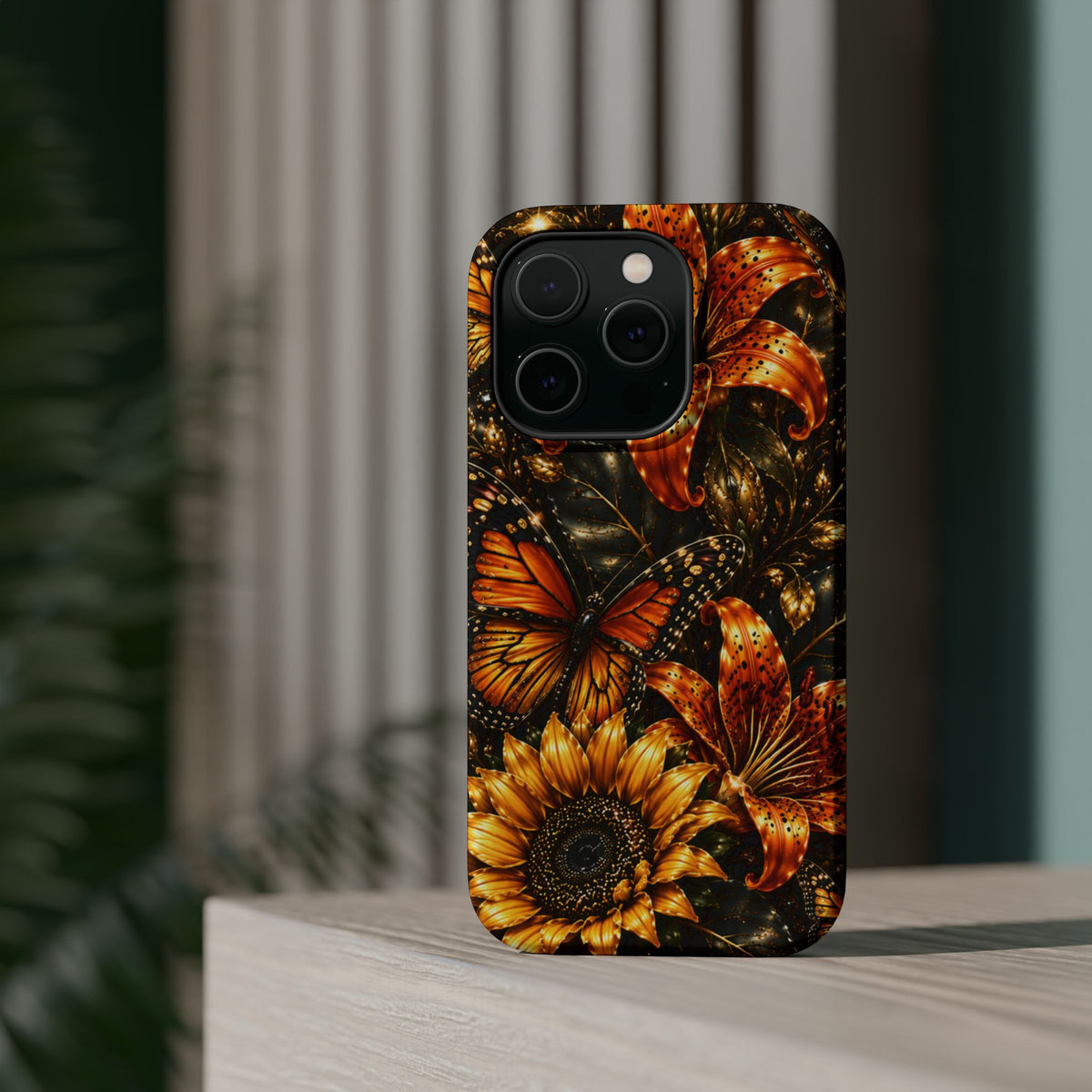 Floral Monarch Phone Case — Orange Sunflower & Butterfly Magnetic Impact-Resistant Case