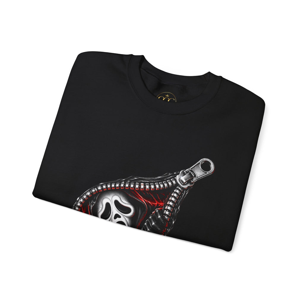 Zip-Open Horror Mask Sweatshirt — Scream-Inspired Graphic Crewneck