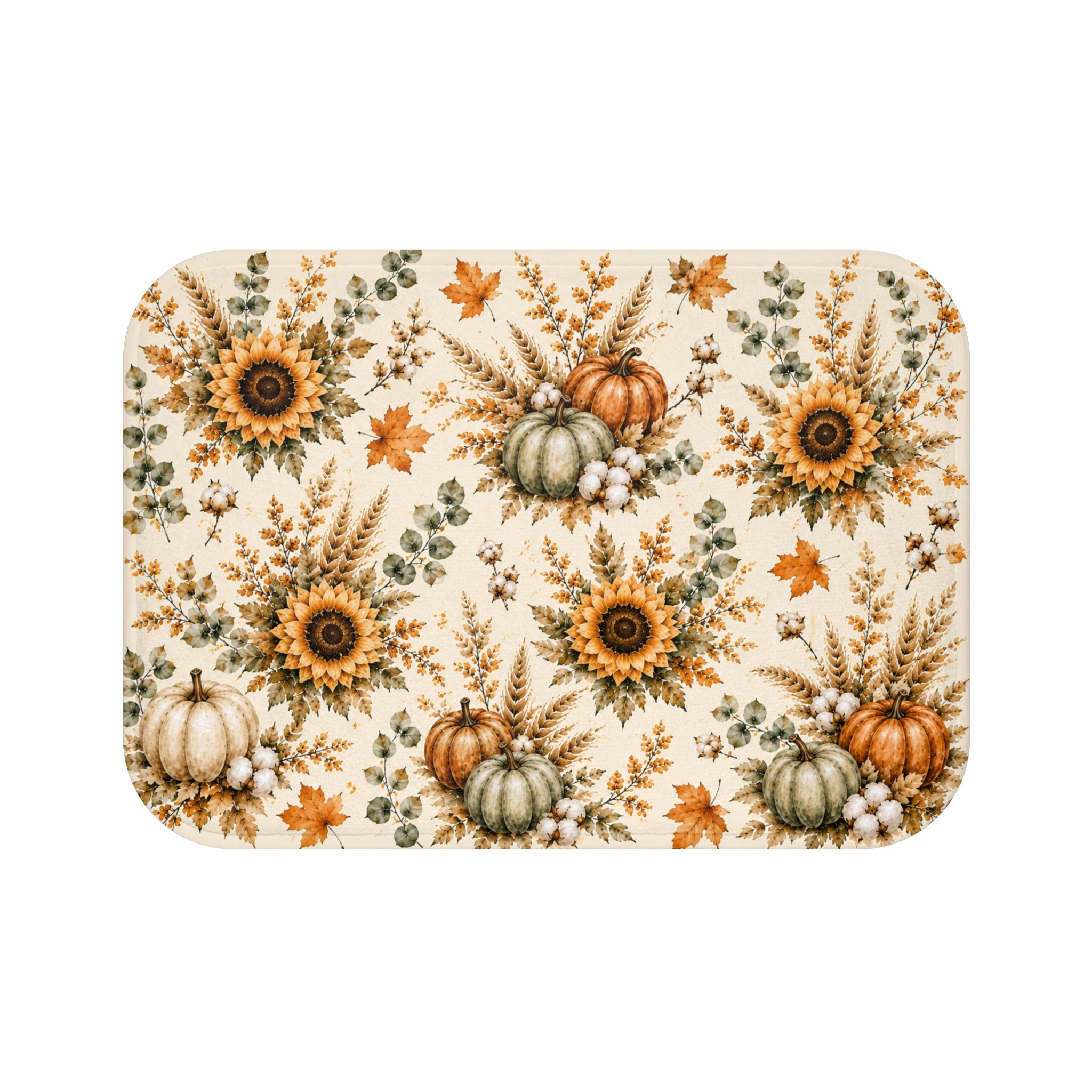 Autumn Harvest Bath Mat | Watercolor Pumpkin Sunflower Fall Bathroom Decor