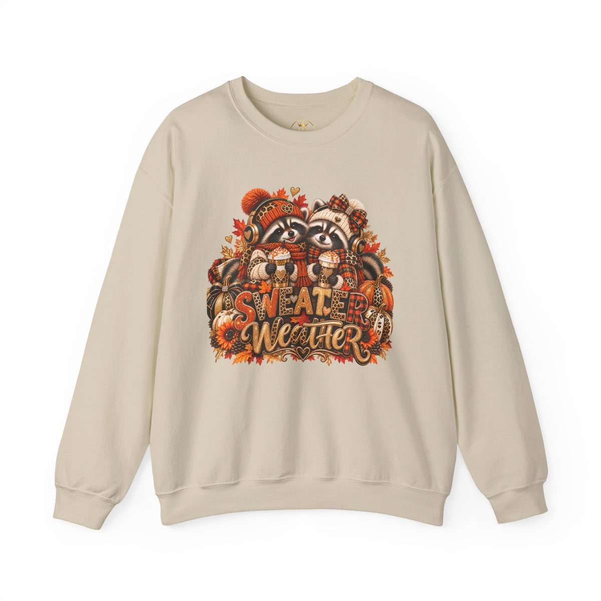 Sweater Weather Crewneck Sweatshirt — Autumn Raccoon Pumpkin Fall Graphic
