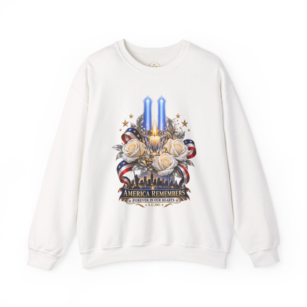 Womens — "America Remembers" 9/11 Tribute Design with Twin Beams & White Roses
