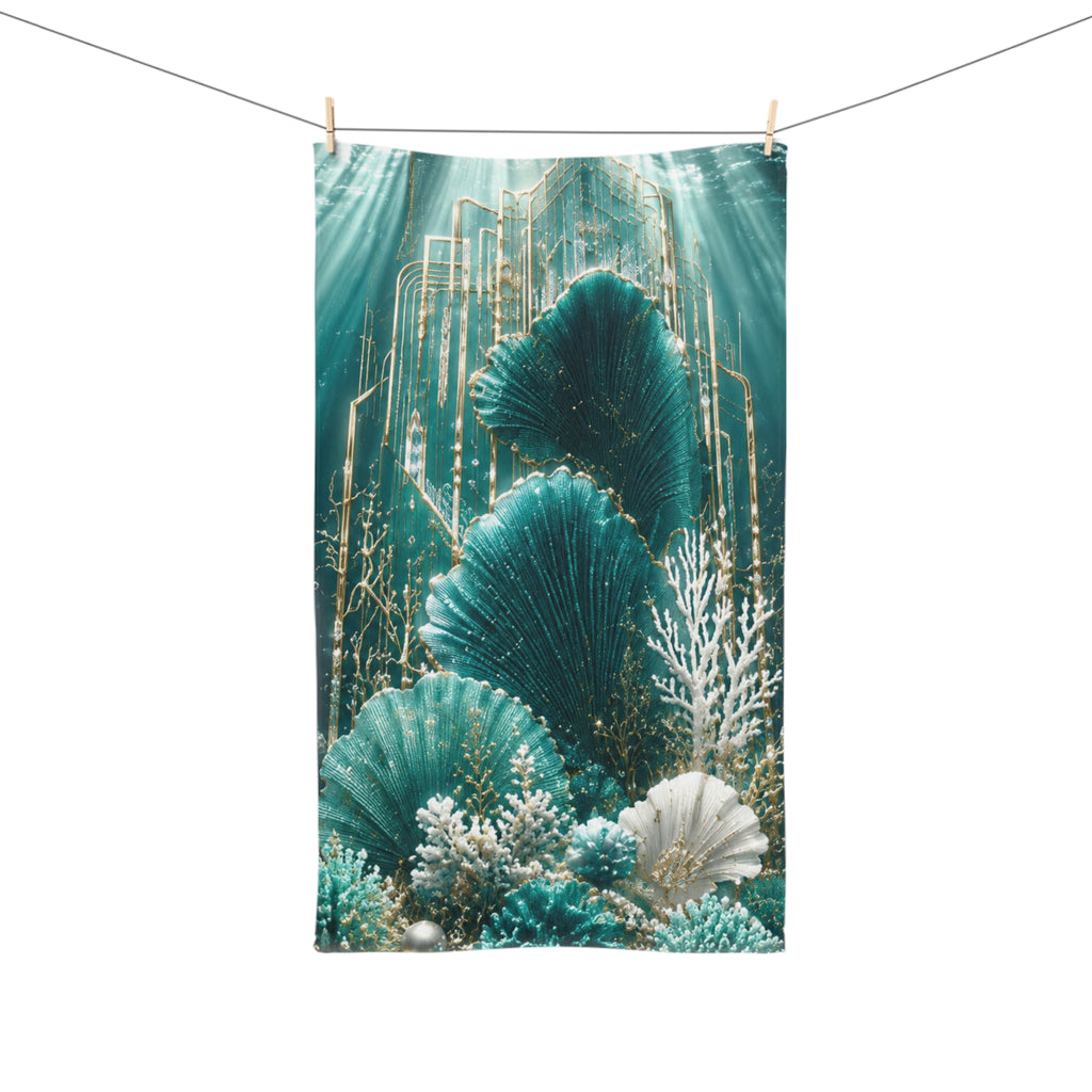 Teal Coral Reef Hand Towel — Ocean Seashell Coastal Bathroom Décor