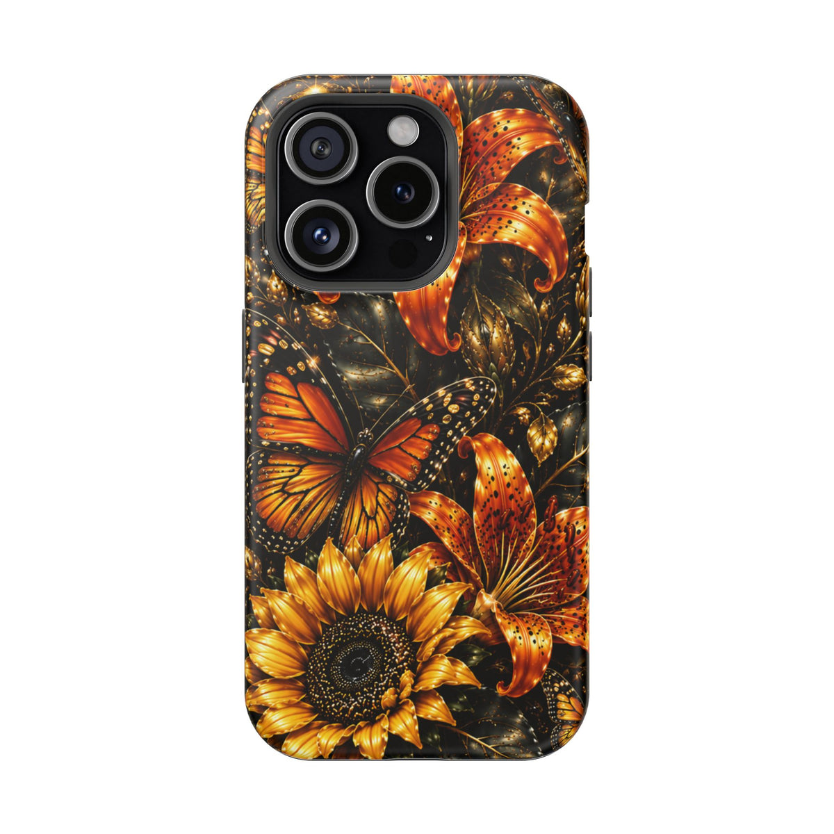Floral Monarch Phone Case — Orange Sunflower & Butterfly Magnetic Impact-Resistant Case