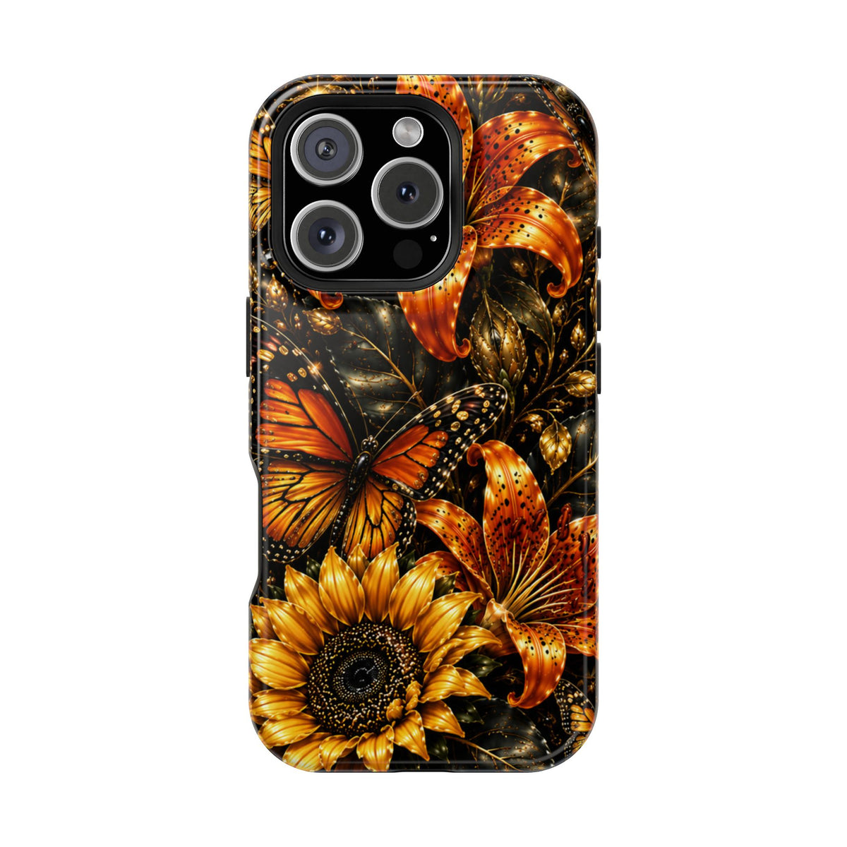 Floral Monarch Phone Case — Orange Sunflower & Butterfly Magnetic Impact-Resistant Case
