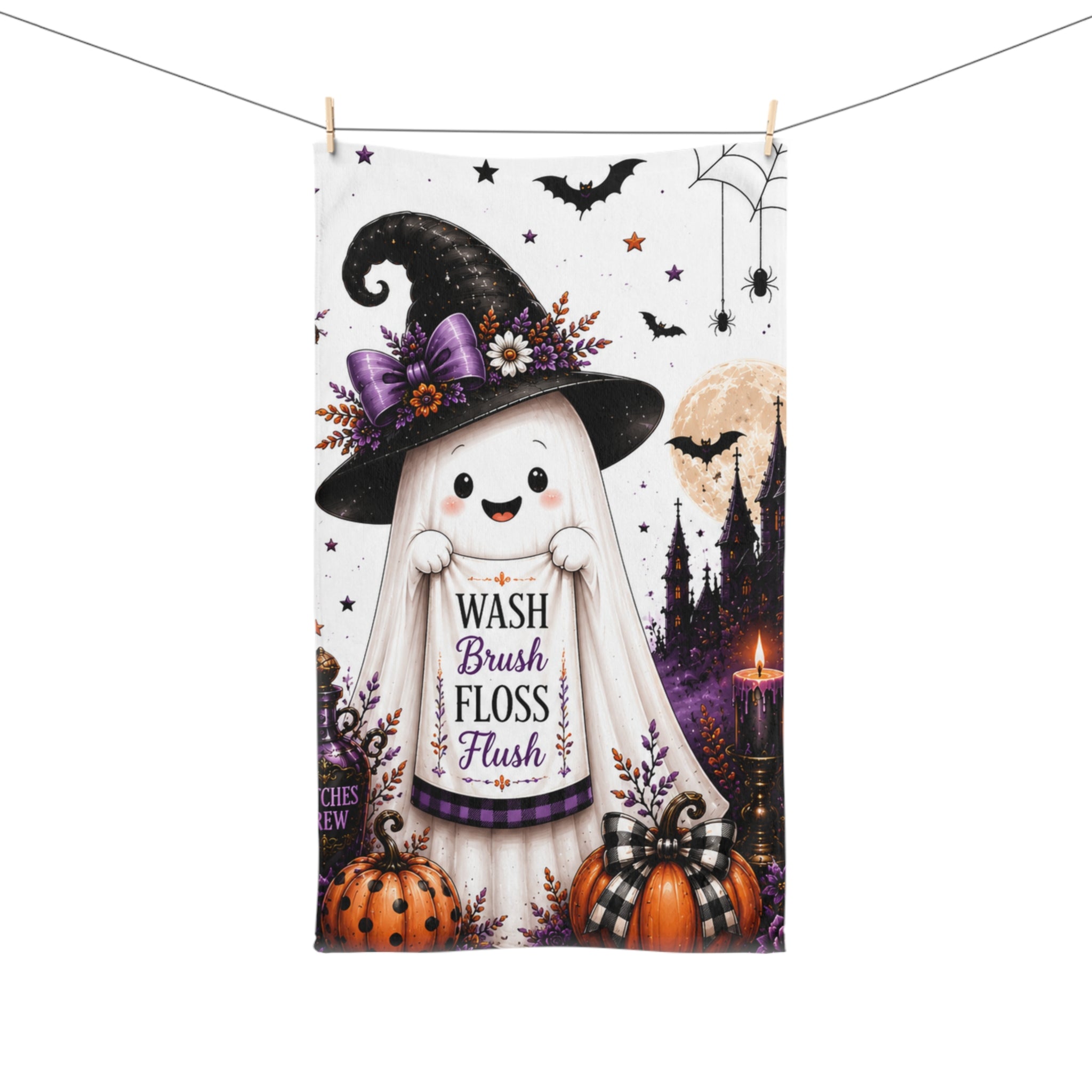 Halloween Ghost Wash Brush Floss Flush Hand Towel | Cute Halloween Bathroom Decor