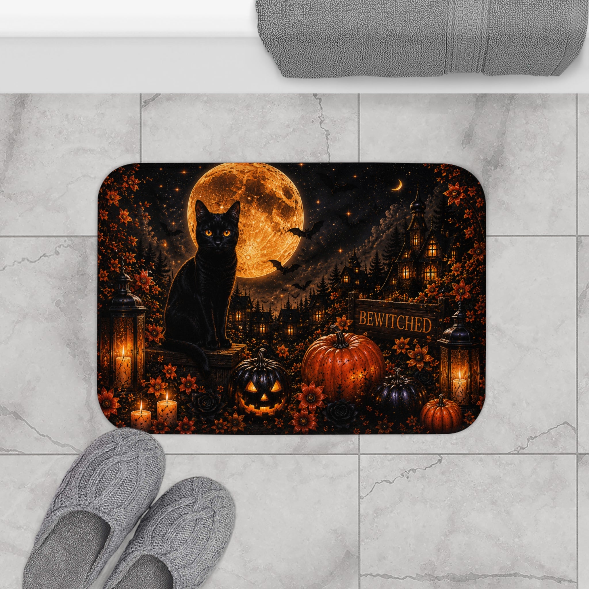 Midnight Halloween Bath Mat | Black Cat Full Moon Gothic Bathroom Decor