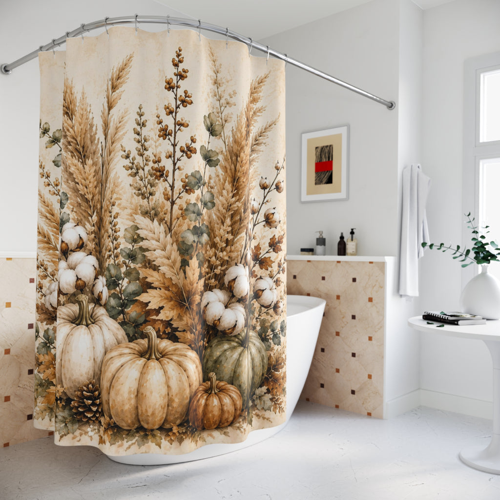 Autumn Harvest Shower Curtain | Pampas Grass & Pumpkin Botanical Print