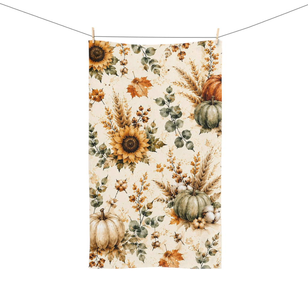 Autumn Harvest Hand Towel | Watercolor Pumpkin Sunflower Fall Bathroom Decor