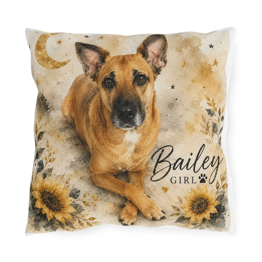Personalized Dog Photo Outdoor Pillow — 'Bailey Girl' Sunflower Moon Accent