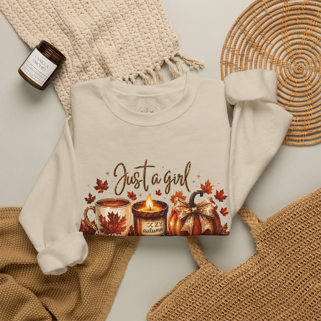 Fall Cozy Sweatshirt — "Just a Girl Who Loves Fall" Autumn Candle & Pumpkin Crewneck