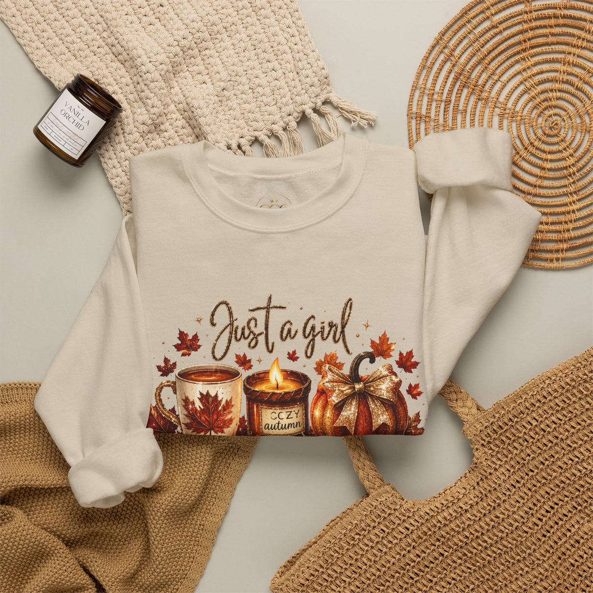 Fall Cozy Sweatshirt — "Just a Girl Who Loves Fall" Autumn Candle & Pumpkin Crewneck