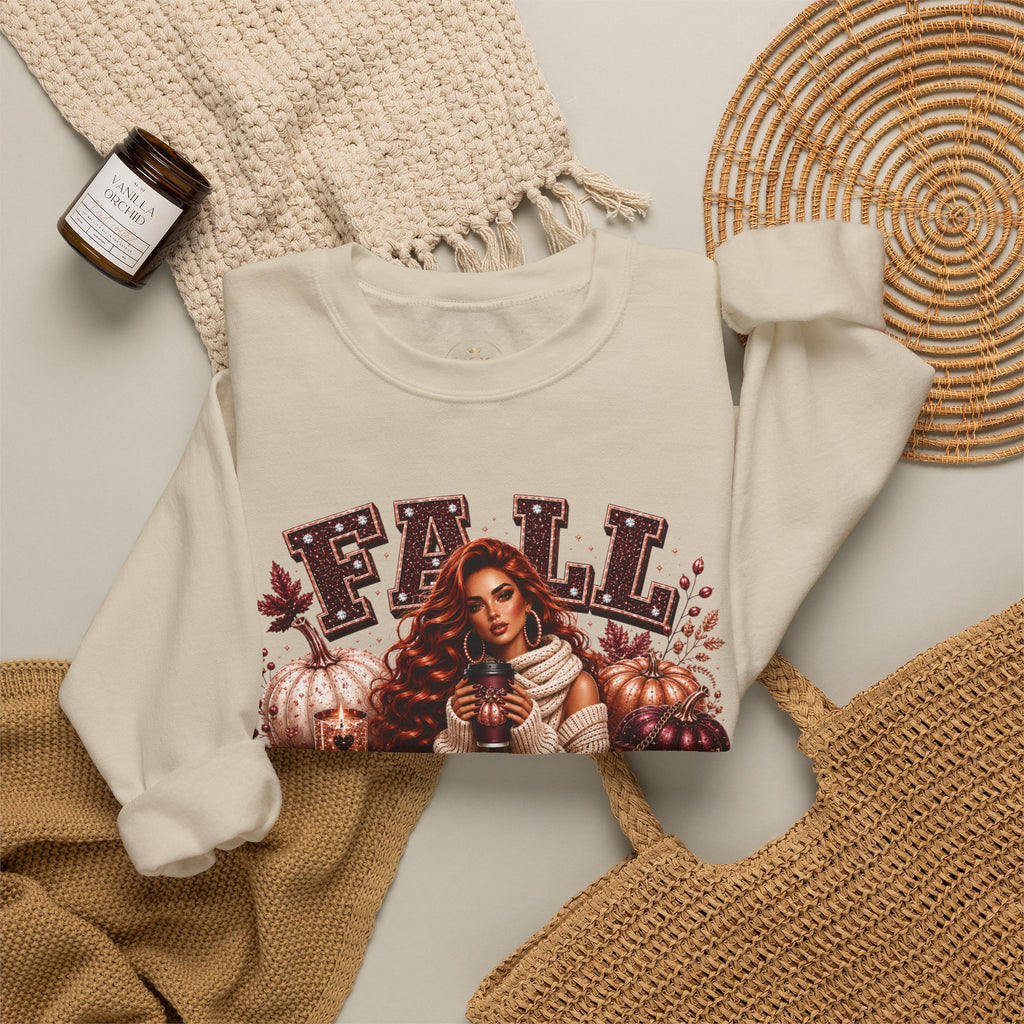 Fall Pumpkin Season Crewneck Sweatshirt — Autumn Girl & Pumpkin Graphic