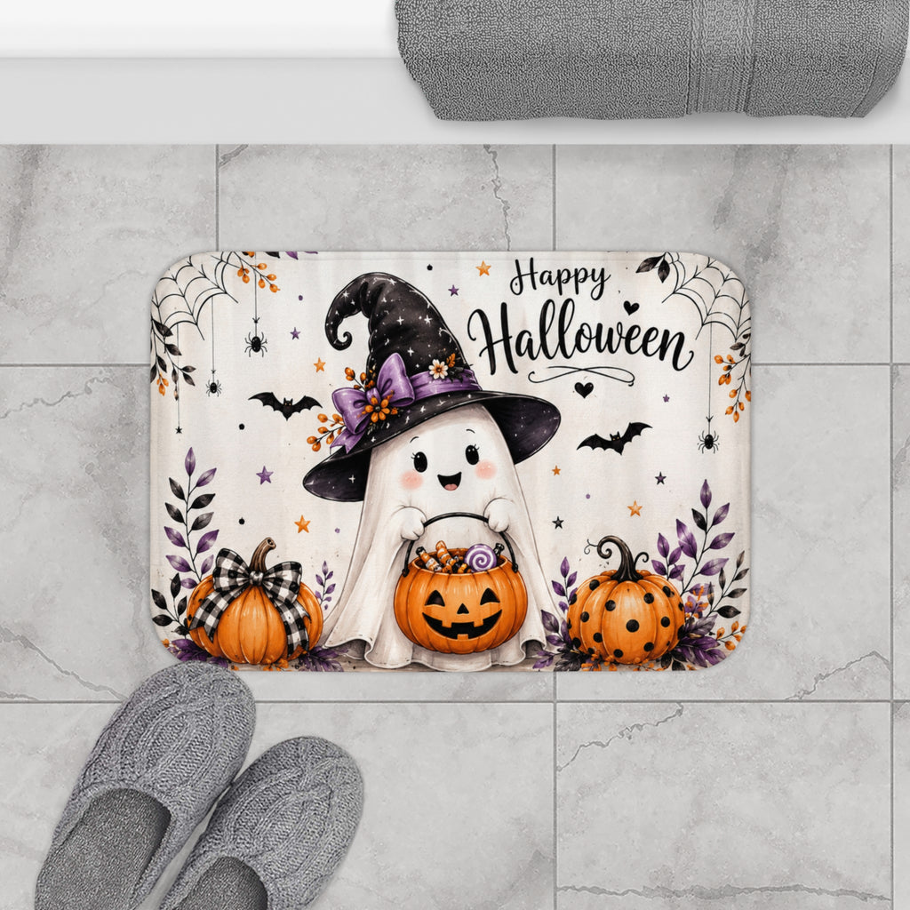 Happy Halloween Ghost Bath Mat | Cute Halloween Bathroom Decor