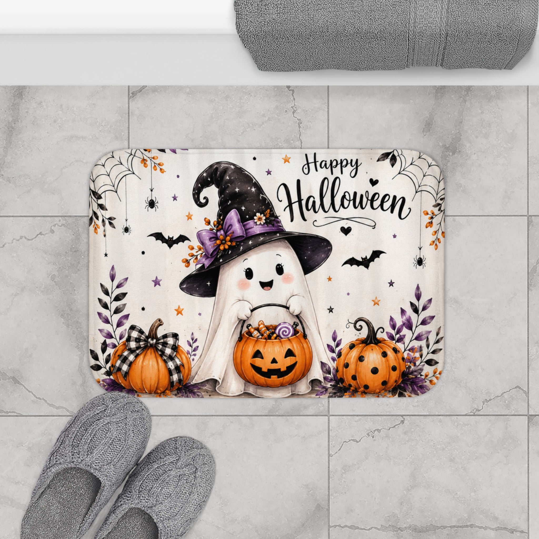 Happy Halloween Ghost Bath Mat | Cute Halloween Bathroom Decor