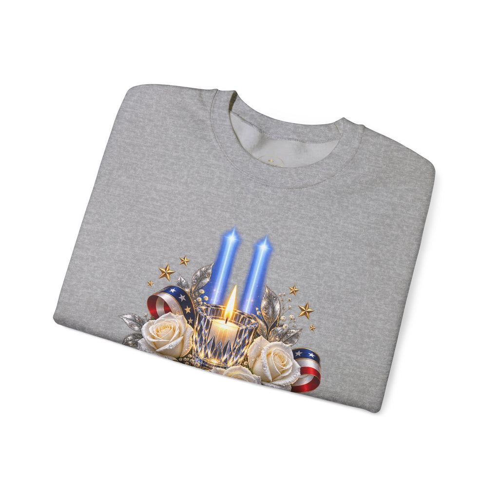 Womens — "America Remembers" 9/11 Tribute Design with Twin Beams & White Roses