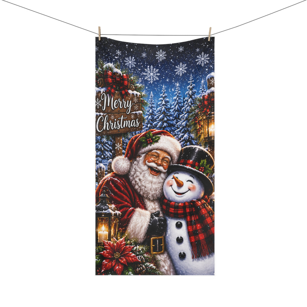 Merry Christmas Santa & Snowman Bath Towel | Holiday Bathroom Decor