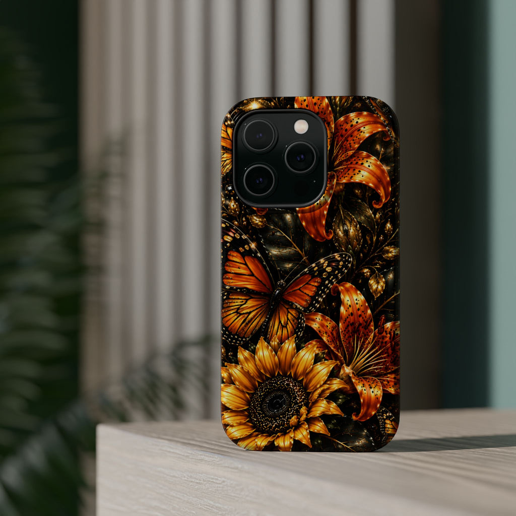 Floral Monarch Phone Case — Orange Sunflower & Butterfly Magnetic Impact-Resistant Case