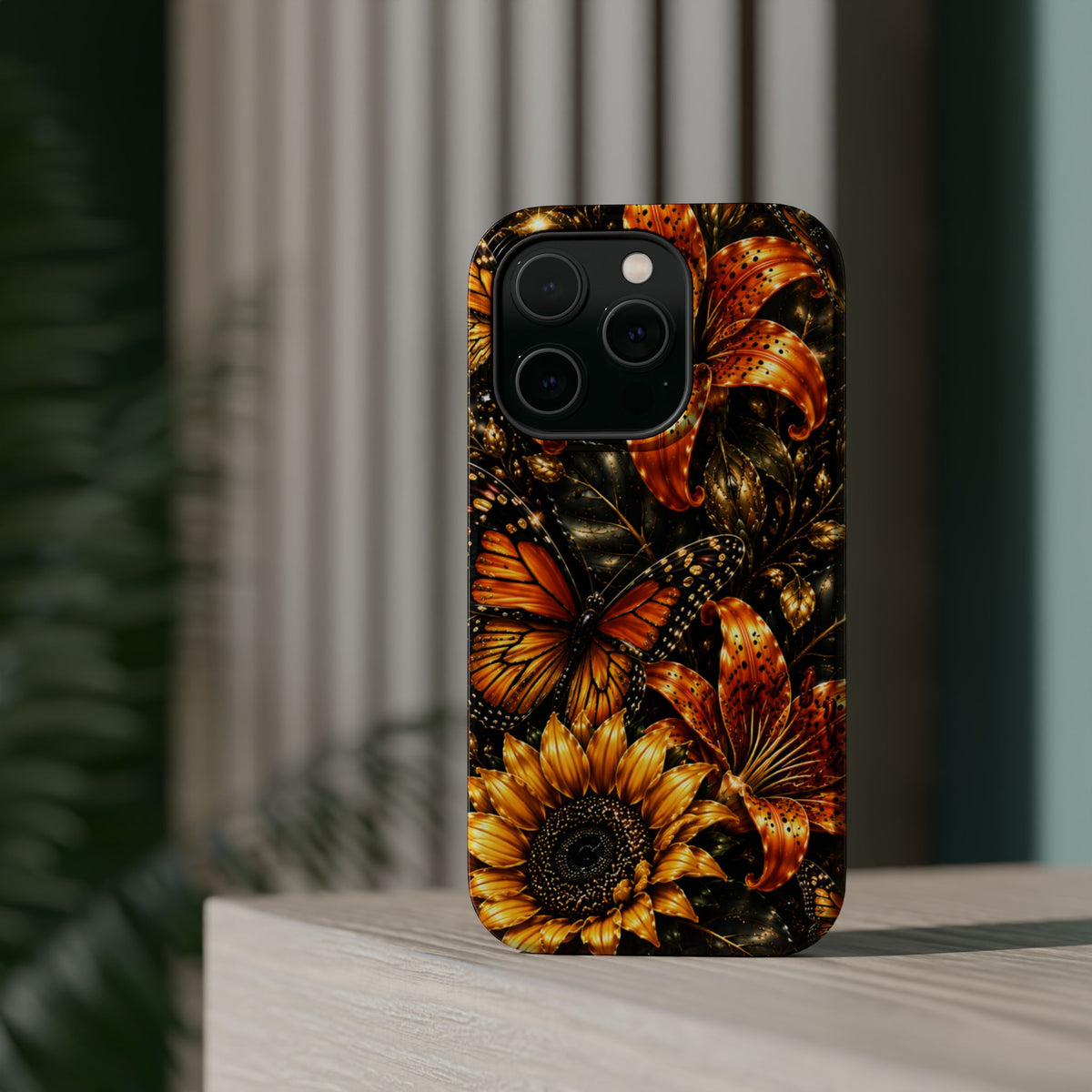 Floral Monarch Phone Case — Orange Sunflower & Butterfly Magnetic Impact-Resistant Case