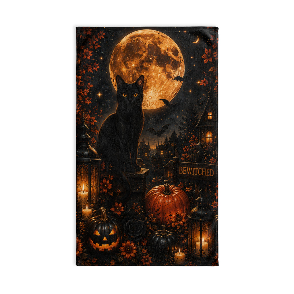 Midnight Halloween Hand Towel | Black Cat Full Moon Gothic Bath Decor