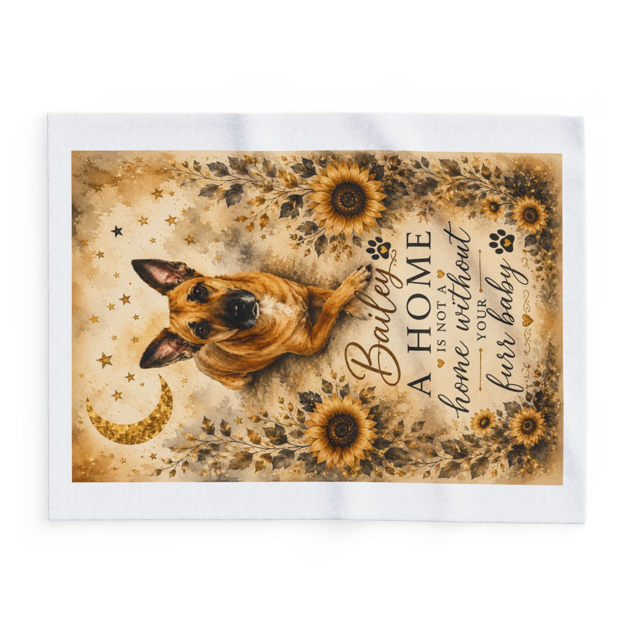 Personalized Dog Fleece Blanket — “A Home Is Not a Home Without Your Furr Baby” (Sunflower German Shepherd/Boxer))