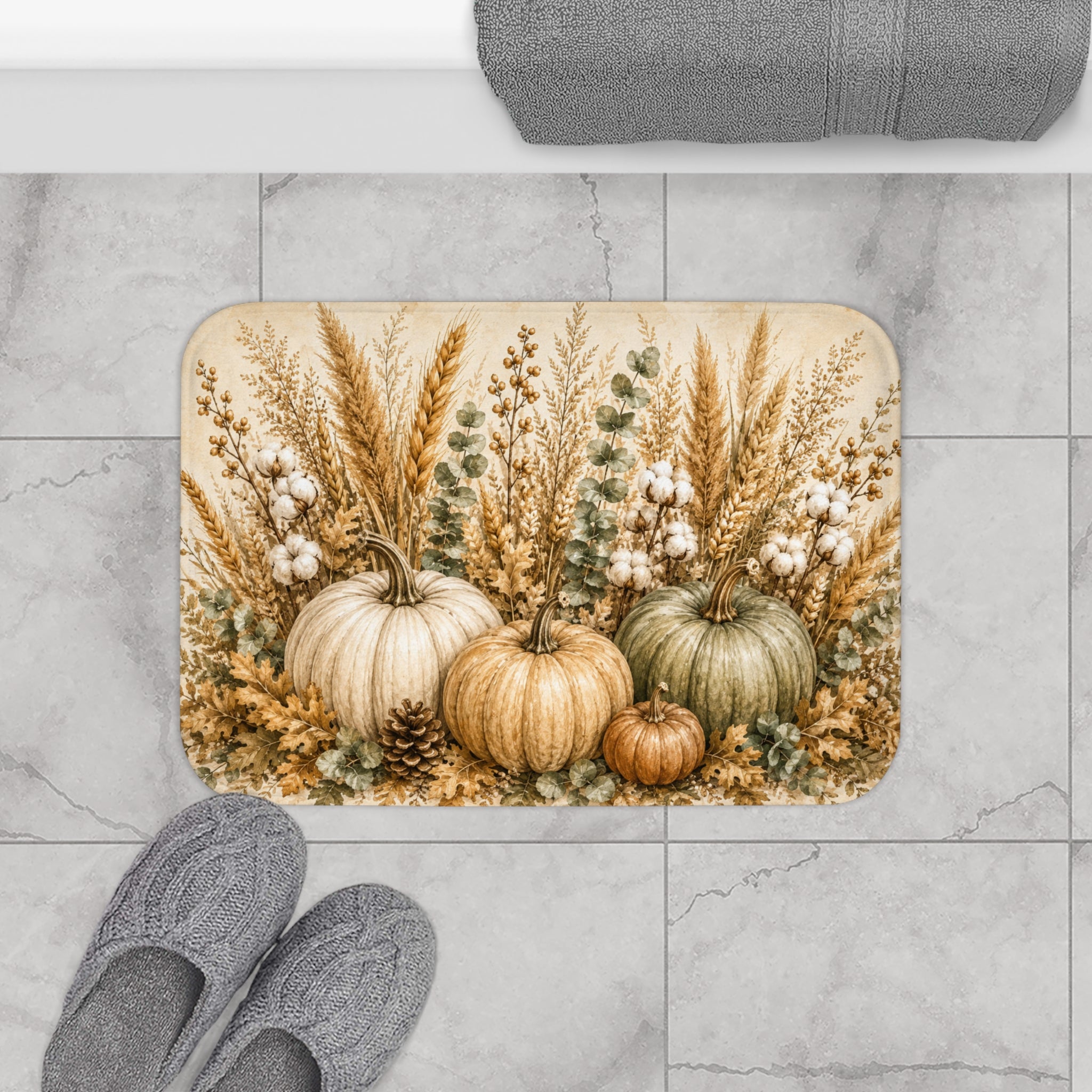 Autumn Harvest Bath Mat | Pampas Grass & Pumpkin Botanical Fall Bathroom Decor