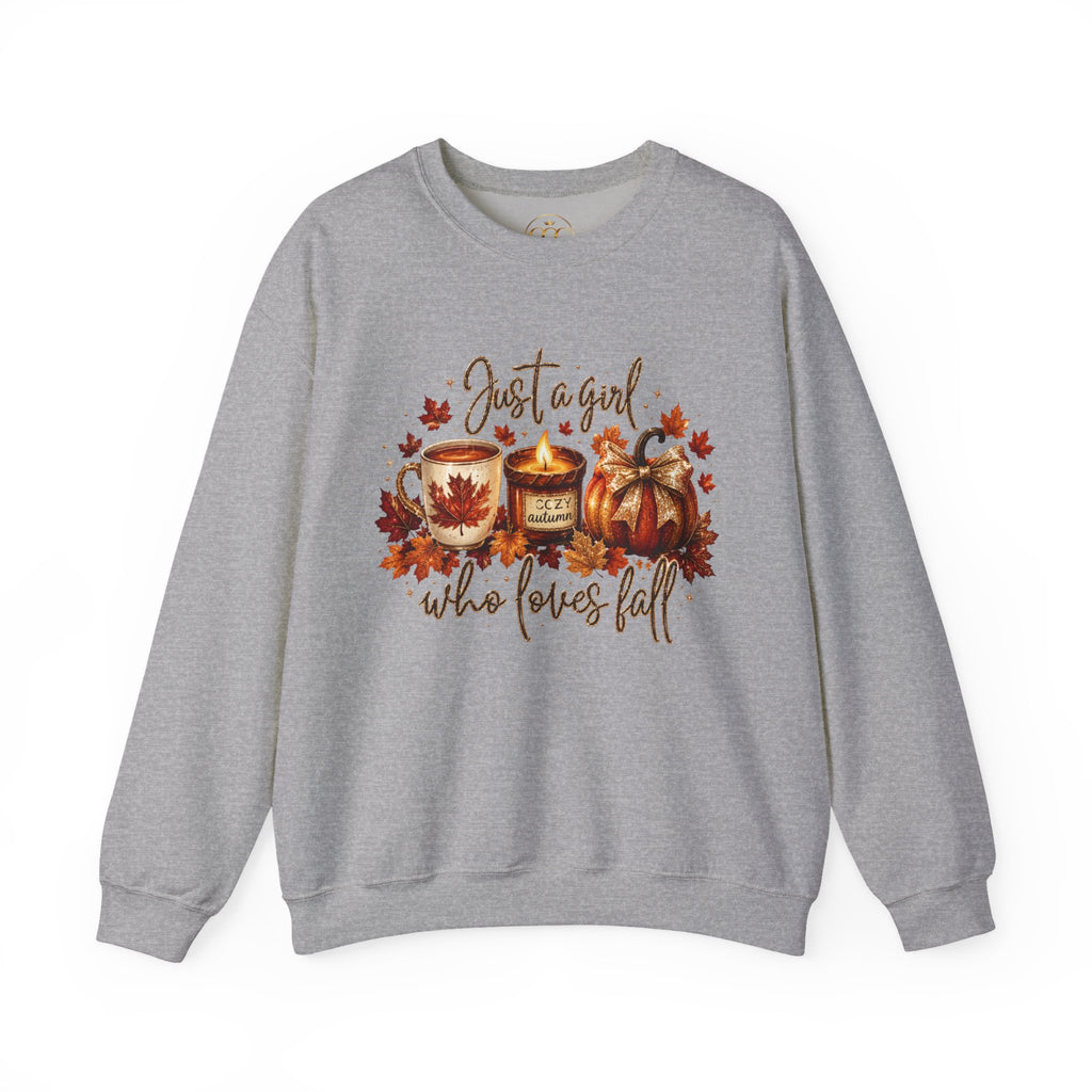 Fall Cozy Sweatshirt — "Just a Girl Who Loves Fall" Autumn Candle & Pumpkin Crewneck