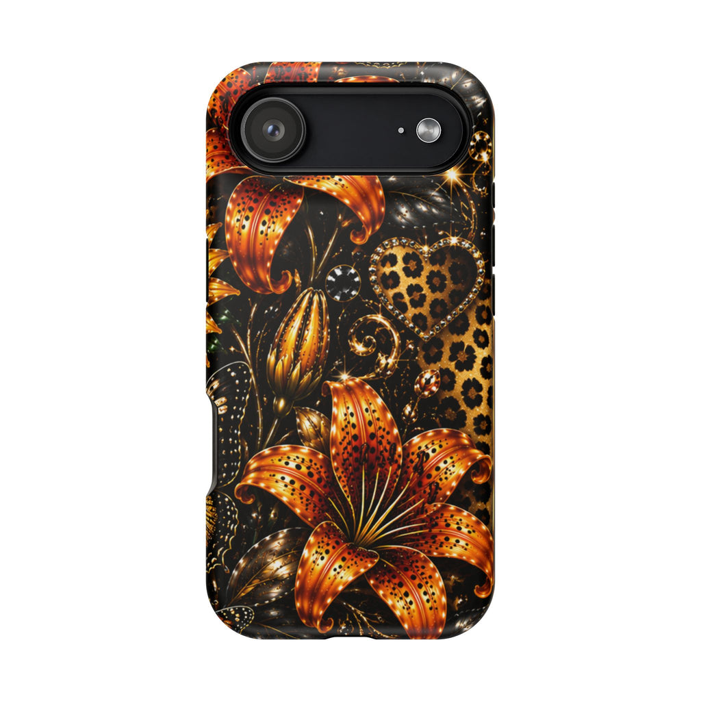 Floral Leopard Phone Case — Orange Lily Magnetic Impact-Resistant