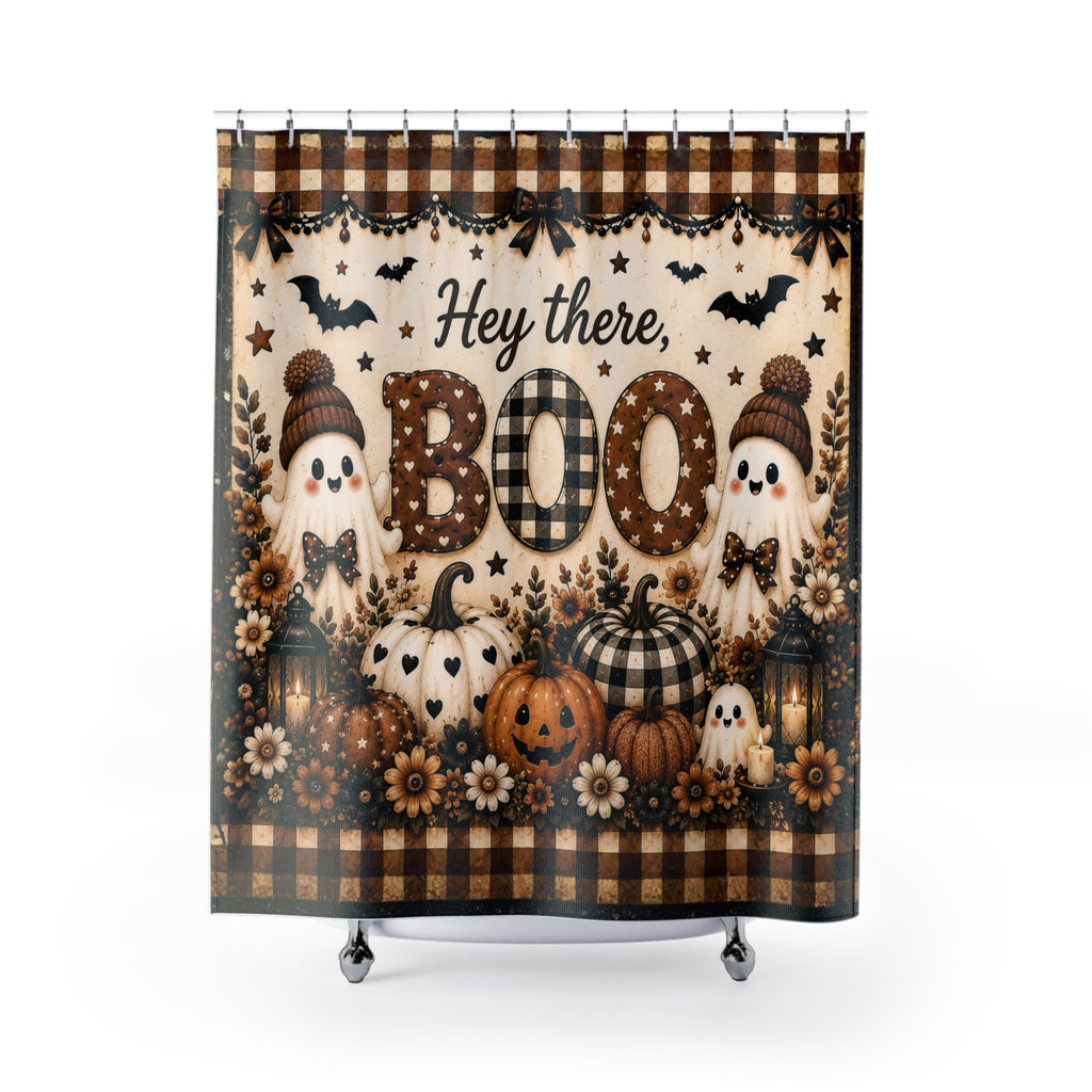 Hey There Boo Shower Curtain | Rustic Plaid Halloween Bathroom Decor