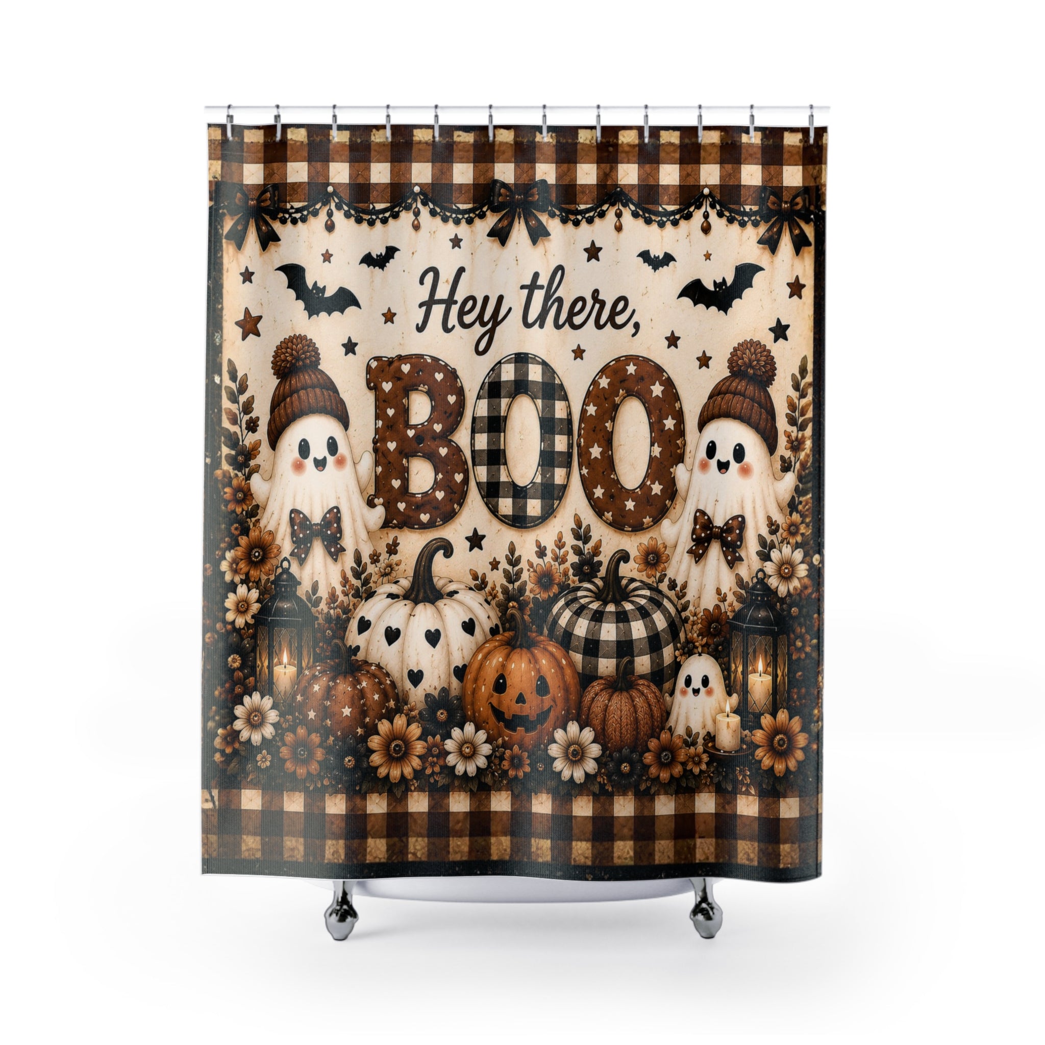 Hey There Boo Shower Curtain | Rustic Plaid Halloween Bathroom Decor