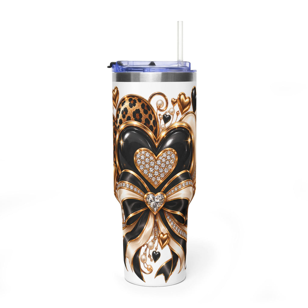 Luxury Hearts & Bows 40oz Tumbler | Black, Gold & Leopard Print Travel Cup
