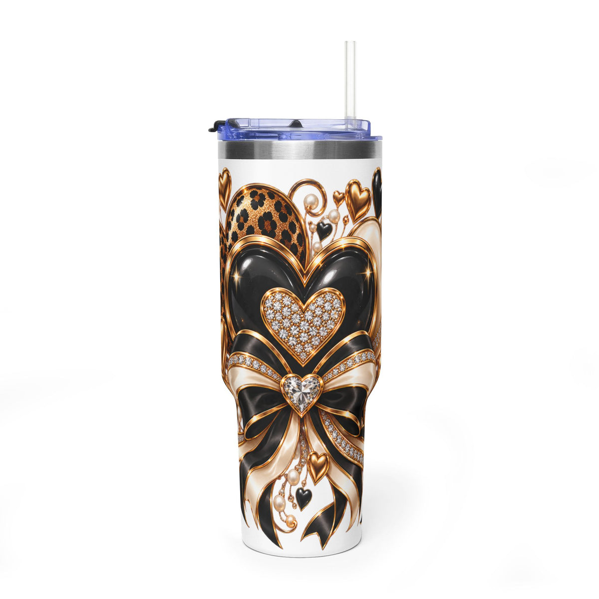 Luxury Hearts & Bows 40oz Tumbler | Black, Gold & Leopard Print Travel Cup
