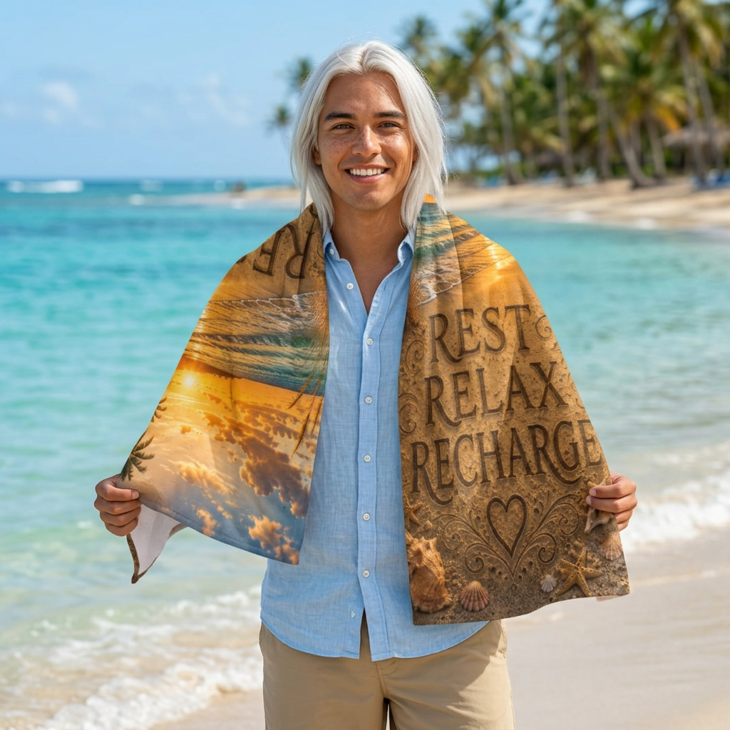 🌅 Rest Relax Recharge Luxury Beach Towel | Coastal Serenity Ocean Sunset Towel | Self Care Beach Decor