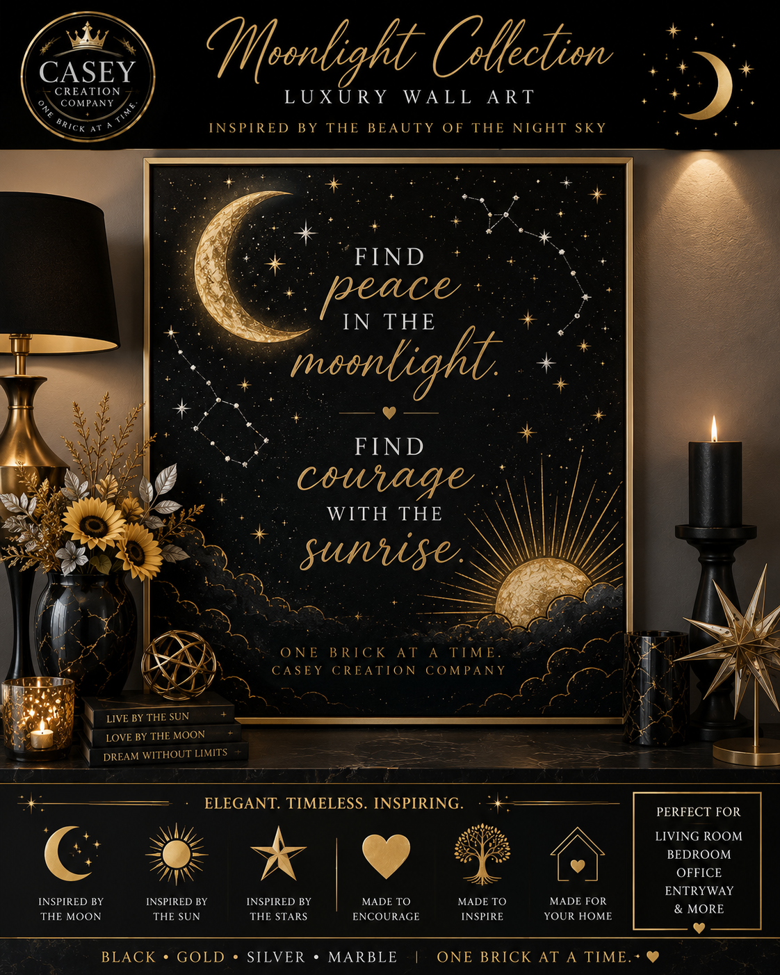 Moonlight & Sunrise Inspirational Canvas Wall Art — "Find Peace in the Moonlight, Find Courage with the Sunrise"