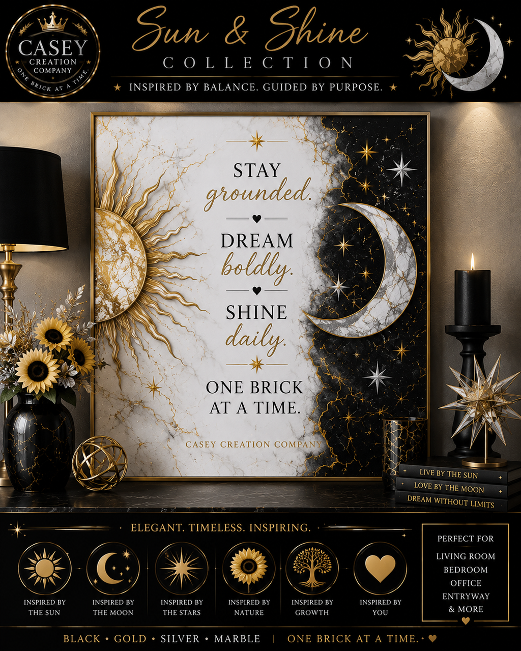 Inspirational Sun & Moon Canvas Wall Art — "Stay Grounded, Dream Boldly, Shine Daily"