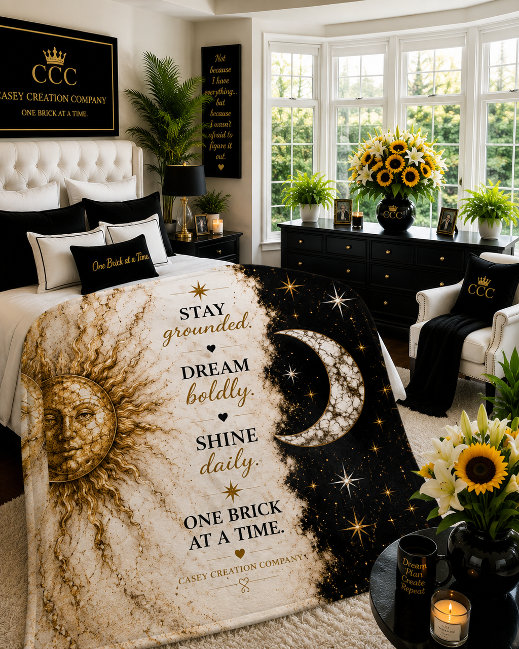 Velveteen Plush Blanket — "Stay Grounded, Dream Boldly, Shine Daily" Celestial Sun & Moon Throw