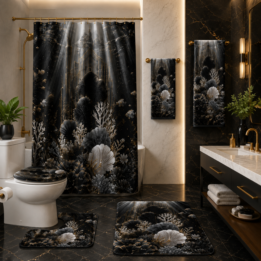 Oceanic Gold Floral Bath Mat Set — 3-Piece Luxe Bathroom Rug