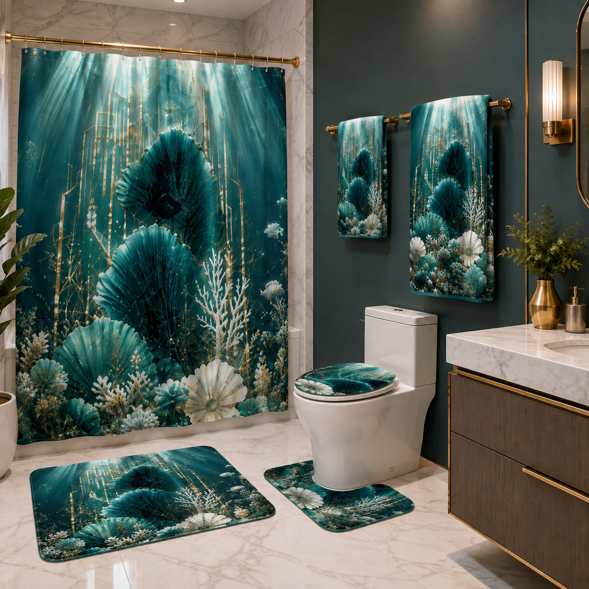Bath Mat Set — Teal Underwater Coral Design 3-Piece Bathroom Rug