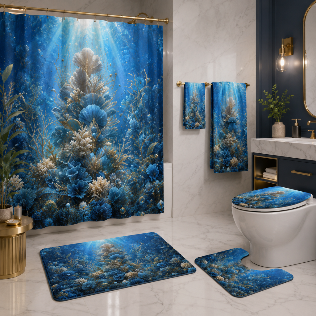 Underwater Coral Blue Bath Mat Set — 3-Piece Ocean Bathroom Rug Set