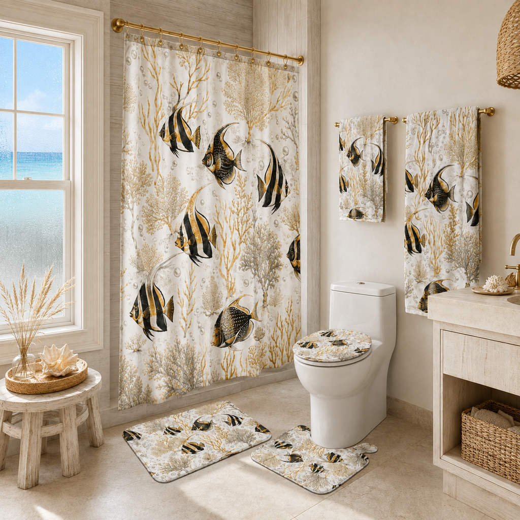 Coastal Angel Fish Bath Mat Set — 3-Piece Nautical Bathroom Rugs