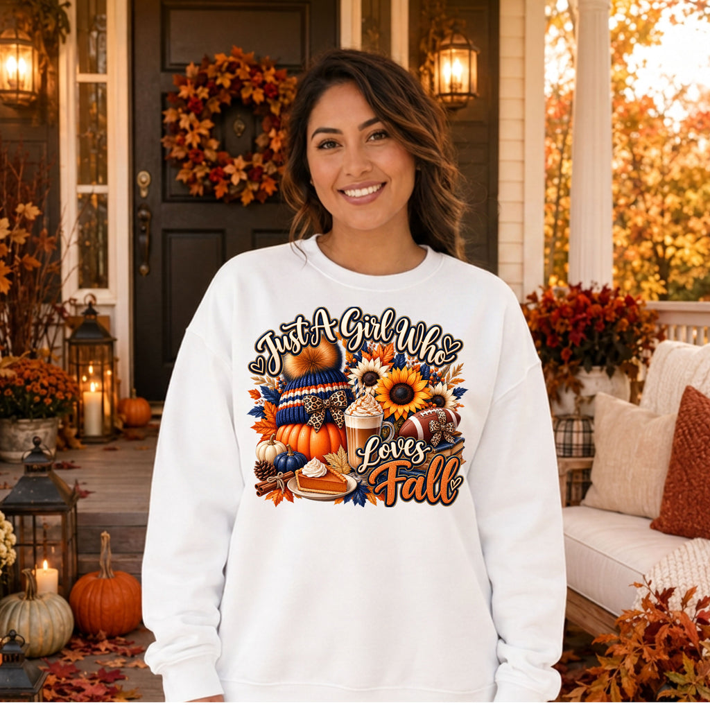 Crewneck Sweatshirt — "Just A Girl Who Loves Fall" Pumpkin & Sunflower Autumn Graphic