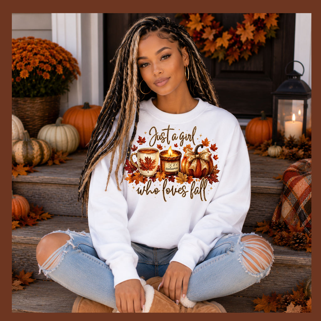 Fall Cozy Sweatshirt — "Just a Girl Who Loves Fall" Autumn Candle & Pumpkin Crewneck