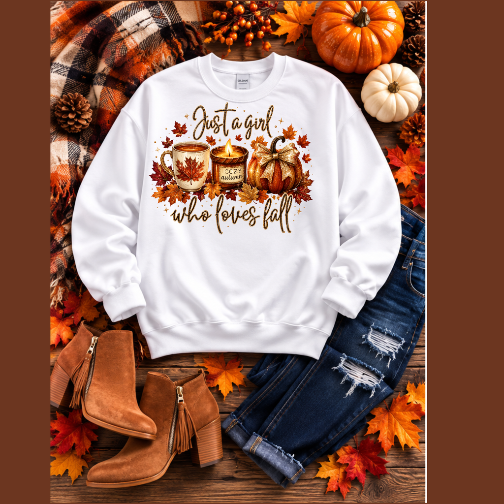 Fall Cozy Sweatshirt — "Just a Girl Who Loves Fall" Autumn Candle & Pumpkin Crewneck