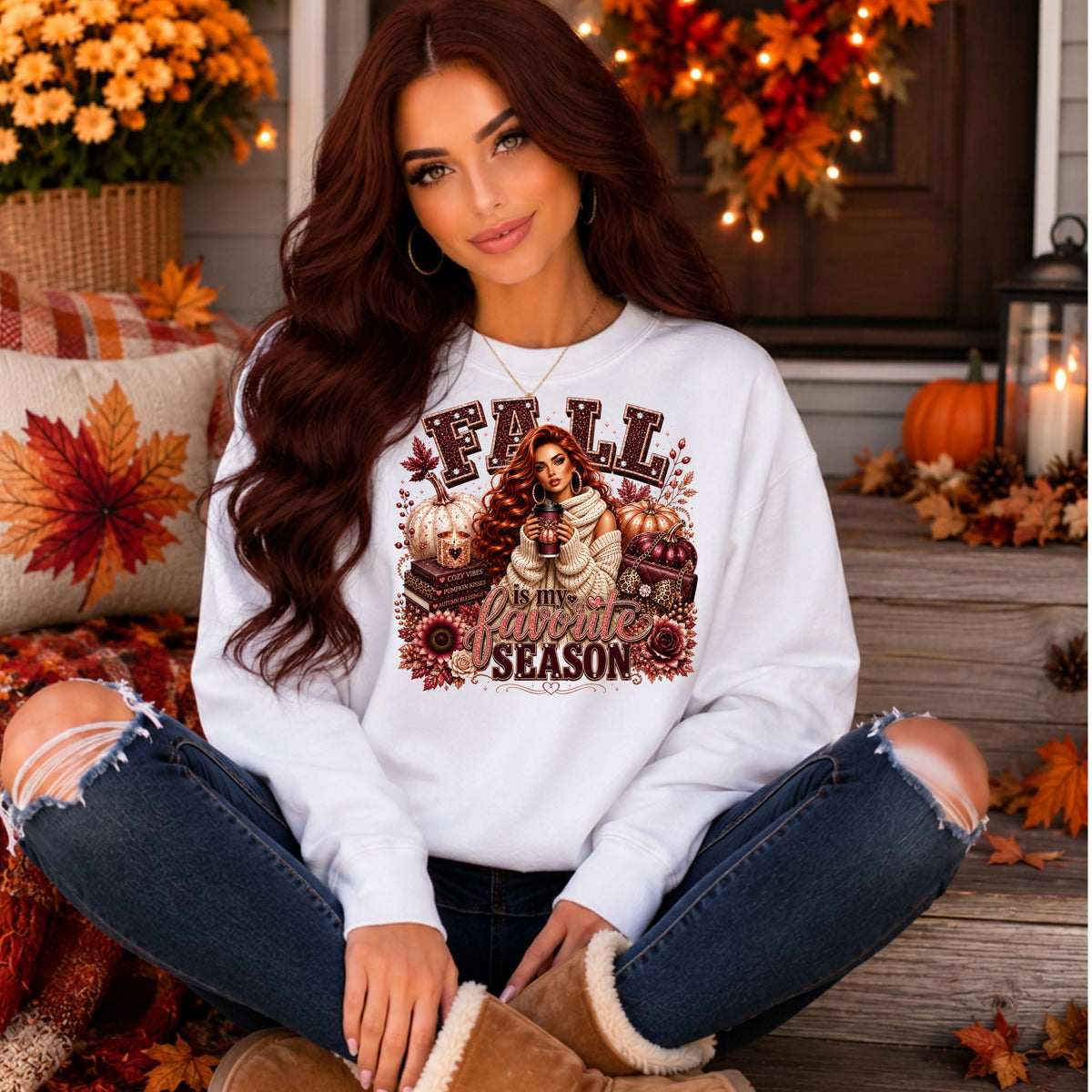 Fall Pumpkin Season Crewneck Sweatshirt — Autumn Girl & Pumpkin Graphic
