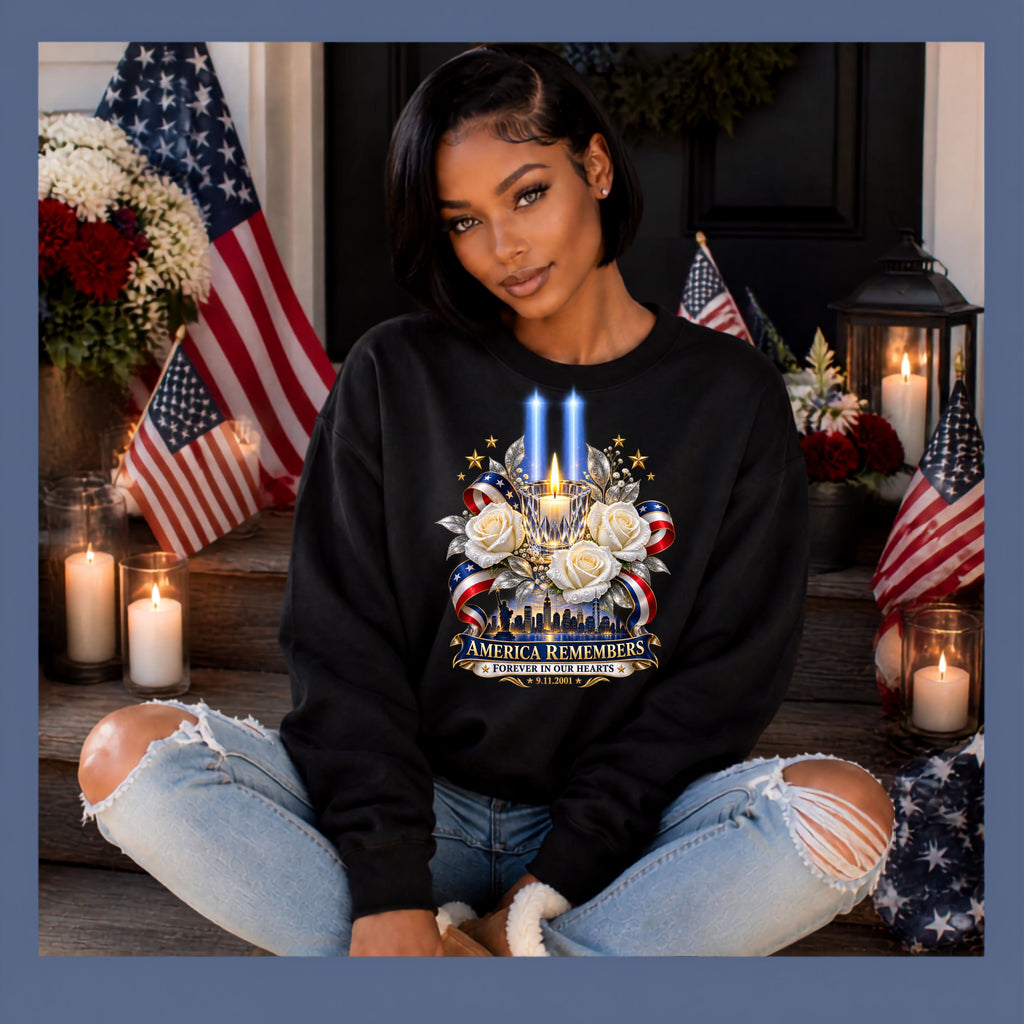 Womens — "America Remembers" 9/11 Tribute Design with Twin Beams & White Roses
