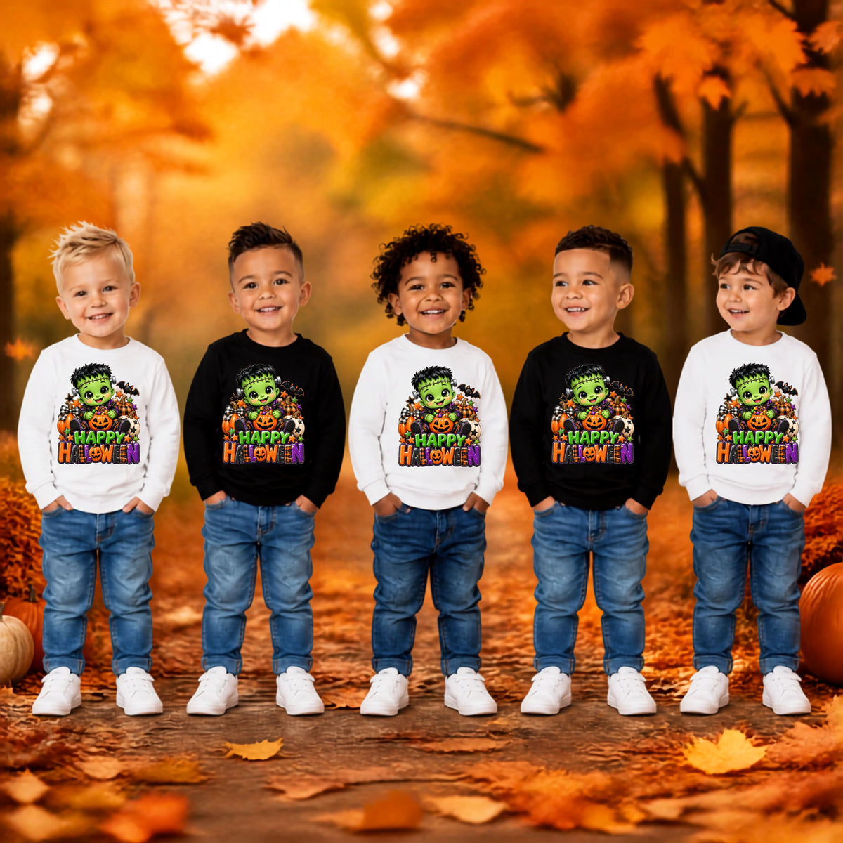 Happy Halloween Kids Sweatshirt | Cute Frankenstein Pumpkin Graphic